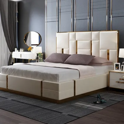 Luxury Leather Double Bed with Comfortable Bedding Set