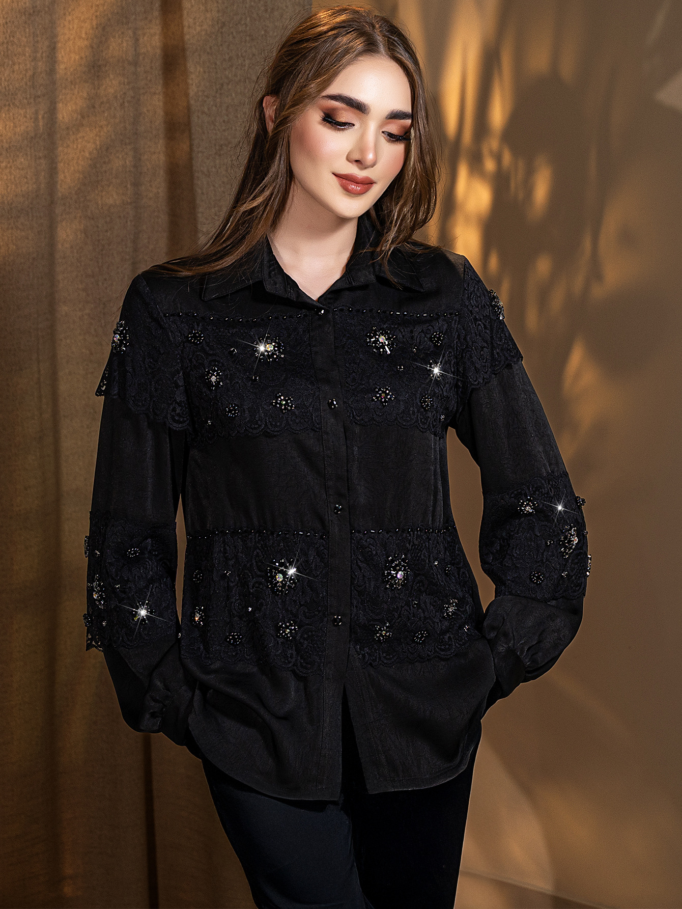 Black Lace Crystal Embellished Long Sleeve Blouse Design