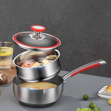 Conjunto de utensilios de cocina de panal de acero inoxidable al por mayor con sartén antiadherente, capa de vapor y tapa