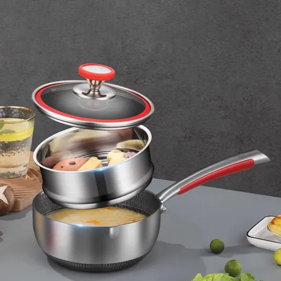 Wholesale Stainless Steel Honeycomb Cookware Set with Non-stick Frying Pan, Steamer Layer, and Lid