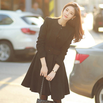 Winter Wool Blend Black Coat Women Vintage Minimalist Woolen Overcoat Single Breasted Office Trench Elegant Korean With Belt