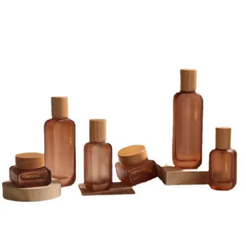 Brown Glass Cosmetic Packaging Bottles, Amber Cream Jars with Wood Lid in 30g, 50g, 30ml, and 50ml Sizes