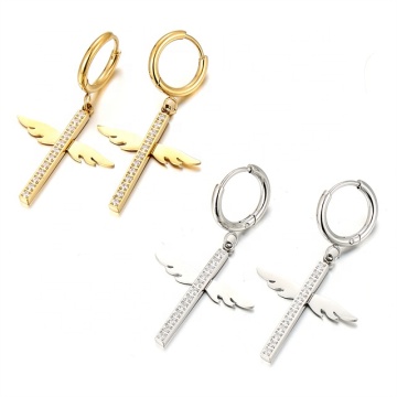 Iywu Aceon Stainless Steel 4 Prong Set CNC Micro Paved Stone Bar Angel Wing Cross Small Hinge Hoop Pendant Earring