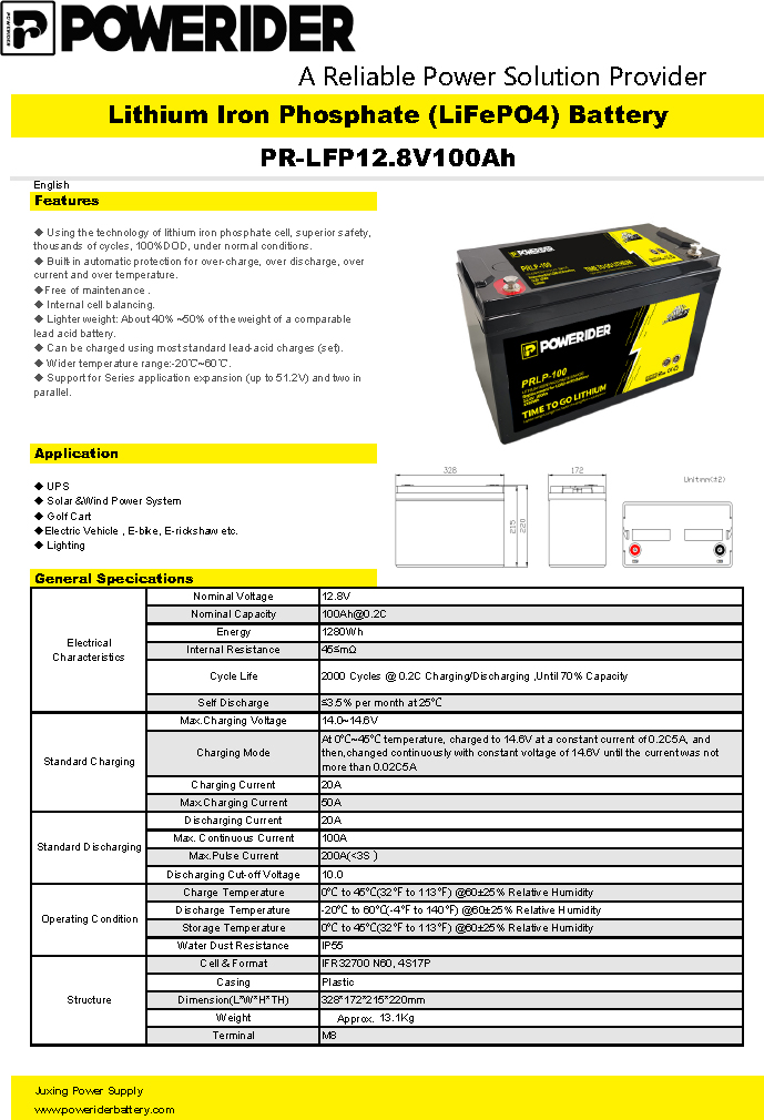 PRLP-100 Rechargeable 12.8v 100AH Lithium Batteries Pack LiFePO4 Battery