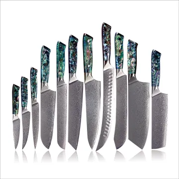 Manufacturers' Collection: Abalone Shell Handle Damascus Steel Knives Set - Including Bread Paring, Boning, and Butcher Cleavers