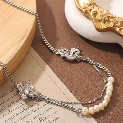 Hot Sale Pearl Butterfly Flower Necklace - Silver Luxury Clavicle Chain Jewelry for Women