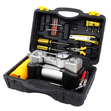 Portable 12V Car Pump Air Compressor Tire Inflator with Pressure Gauge and 2 Cylinders