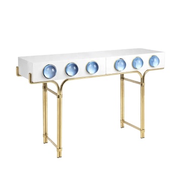 Modern Şık Jonathan Adler Globo Konsol Masası - Altın Pirinç Metal Çerçeveli Parlak Beyaz Lake