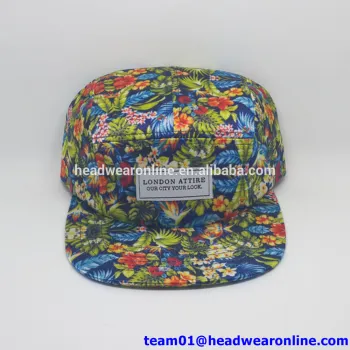 Custom pattern printed 5 panel hat camp cap with patch tag