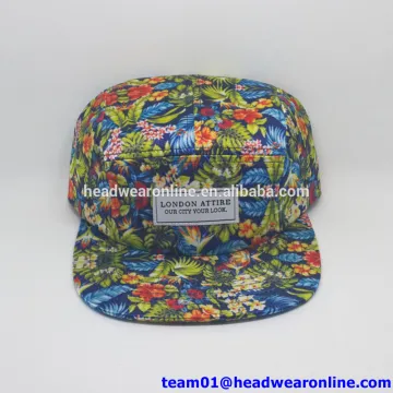 Custom pattern printed 5 panel hat camp cap with patch tag