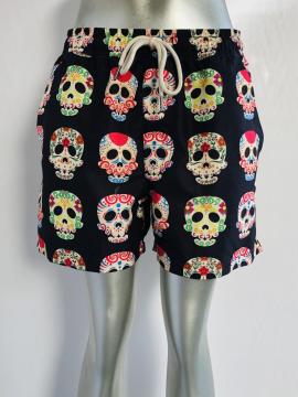 Black skull print men's beach shorts