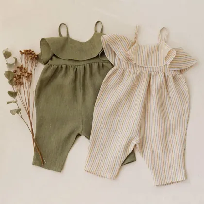Summer Children's Cotton and Linen Ruffled Jumpsuits for Baby Girls: Flutter Linen Bubble Rompers & Sling Jumpsuits