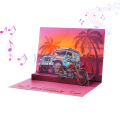 Tarjeta de cumpleaños emergente musical 3D Beach Sunset con coche todoterreno