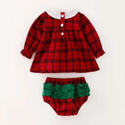 Red Plaid Peter Pan Collar Top and Ruffled Shorts Set for Toddler and Baby Girls - Fall Winter In-Stock Outfit