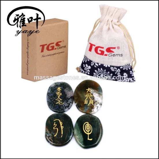 Natural Green Moss Agate Engraved Reiki Healing Set Stones Set