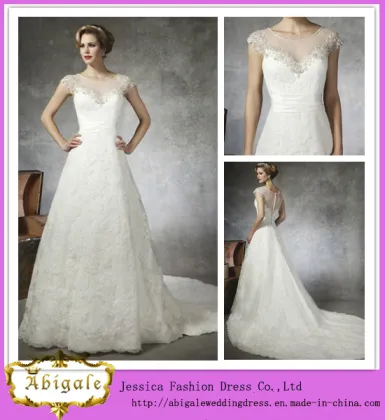2014 Charming A Line Scoop Short Sleeve Lace Floor Length Justin Alexander Wedding Dress (hs039)