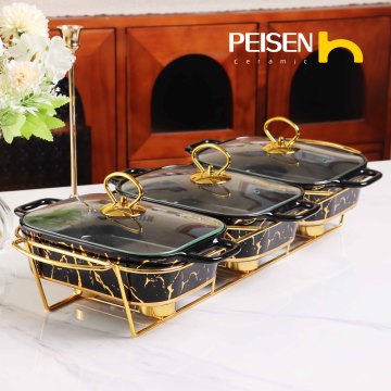 หม้อซุปเซรามิกพอร์ซเลน - 3PCS เป็นรูปสี่เหลี่ยมผืนผ้าอุ่นอาหารสำหรับการจัดเลี้ยงและการเสิร์ฟบุฟเฟ่ต์