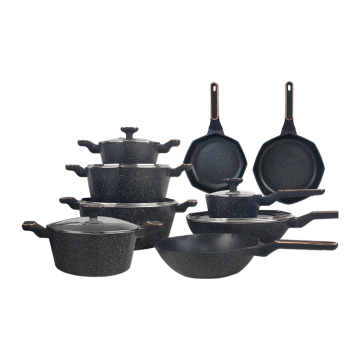 Octagonal Die-Cast Aluminum Black Non-Stick Marble Cookware Set with Glass Lid and Silicone Handle