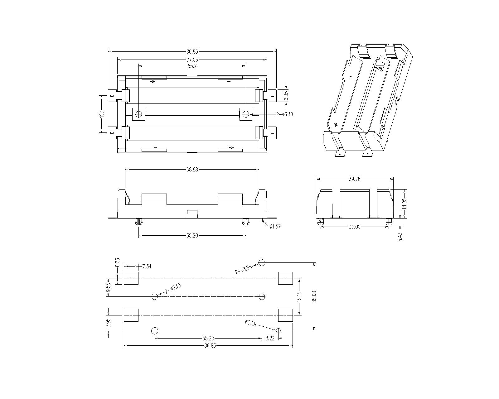 BBC-M-GO-A-18650-048 Dual Battery Holder For 18650 SMT