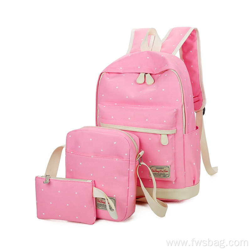 2022 Korean style pink nylon school backpack set 3 in 1 printed book bag for girls