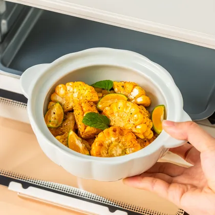 Ceramic Noodle Bowl with Glaze, Double Ears, Anti-Scalding, and Glass Lid