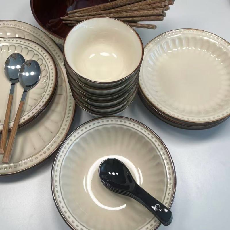 Soft-Hued Ceramic Dinnerware with Dark Accents