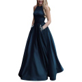 Women's Long Beaded Halter Satin Prom Dress