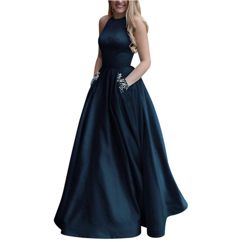  Princess Dress Women's Long Beaded Halter Satin Prom Dress Supplier