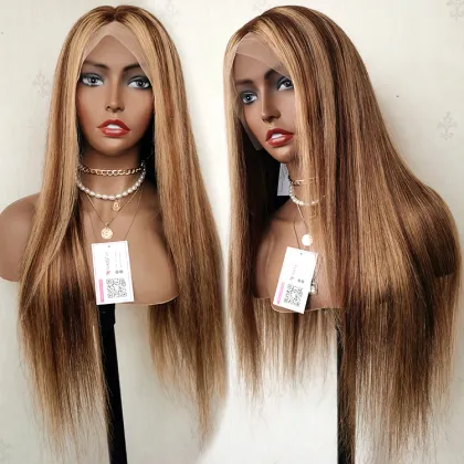 Highlight 1B Honey Brown Color Straight Human Hair Lace Front Wig Virgin Brazilian Hair Highlight Wig Transparent HD Frontal Wig