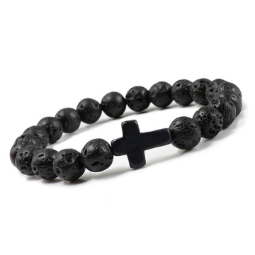 Fashion Religion Cross Beads Bracelet Men Women 8mm Natural Stone Healing Tiger Eye & Black Matte Agate Elastic Stretch Bangle