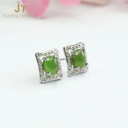 Square Jasper and Hetian Jade Sterling Silver Earrings: Precious Gemstone Jewelry