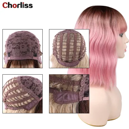 Cute Realistic High Quality Water Wave Short Best Curly Synthetic Bob Cosplay Cheap Pink Paula Young Wigs With Bangs For Women