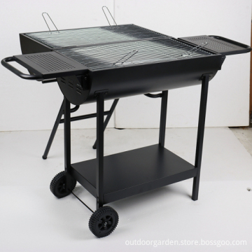 F16 Double-side Deformation Outdoor Barrel Garden Trolley Charcoal BBQ Grills with Double Side Shelf and Bottom Shelf