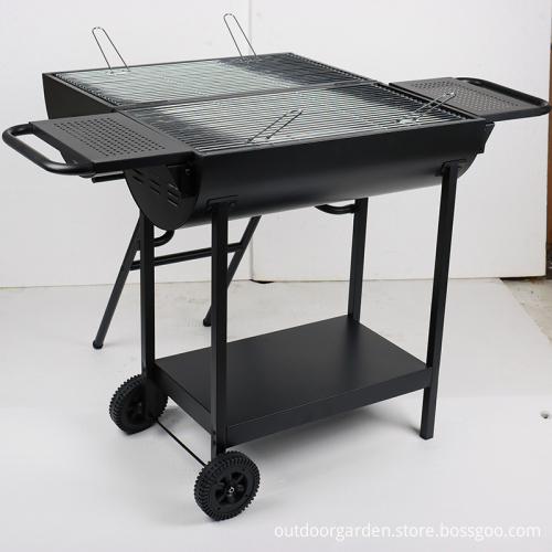 F16 Double-side Deformation Outdoor Barrel Garden Trolley Charcoal BBQ Grills with Double Side Shelf and Bottom Shelf