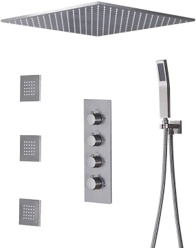 Brushed Nickel Thermostatic Rain Shower Flush Mount Combo Set with Hand Spray & Body Jets