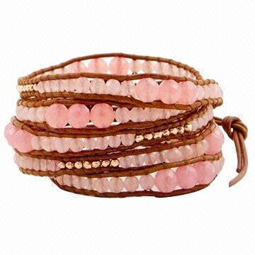 Muted Clay Graduated Wrap Bracelet with Rose Gold Nuggets on Henna Leather