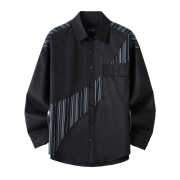 Black Stripes Patchwork Cotton Shirt for Men