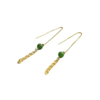 Phoenix Tail Precious Stone Jade & Sterling Silver Jasper Earrings: A Blend of Hetian Jade and Jasper Stones in Drop Earring Design