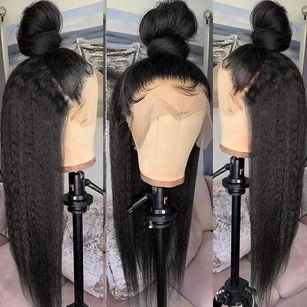 Glueless Kinky Straight Yaki Human Hair Wig 20inch 180% Density