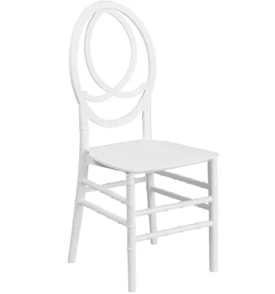Stackable Infinity White Resin Phoenix Chair Rentals for Weddings and Events