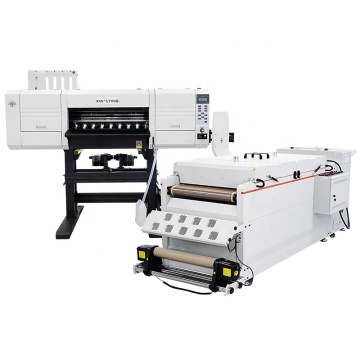 A1 boyutunda ve 5 i3200 kafalı 60cm DTF yazıcısı, toz çalkalayıcı ve fırını içerir