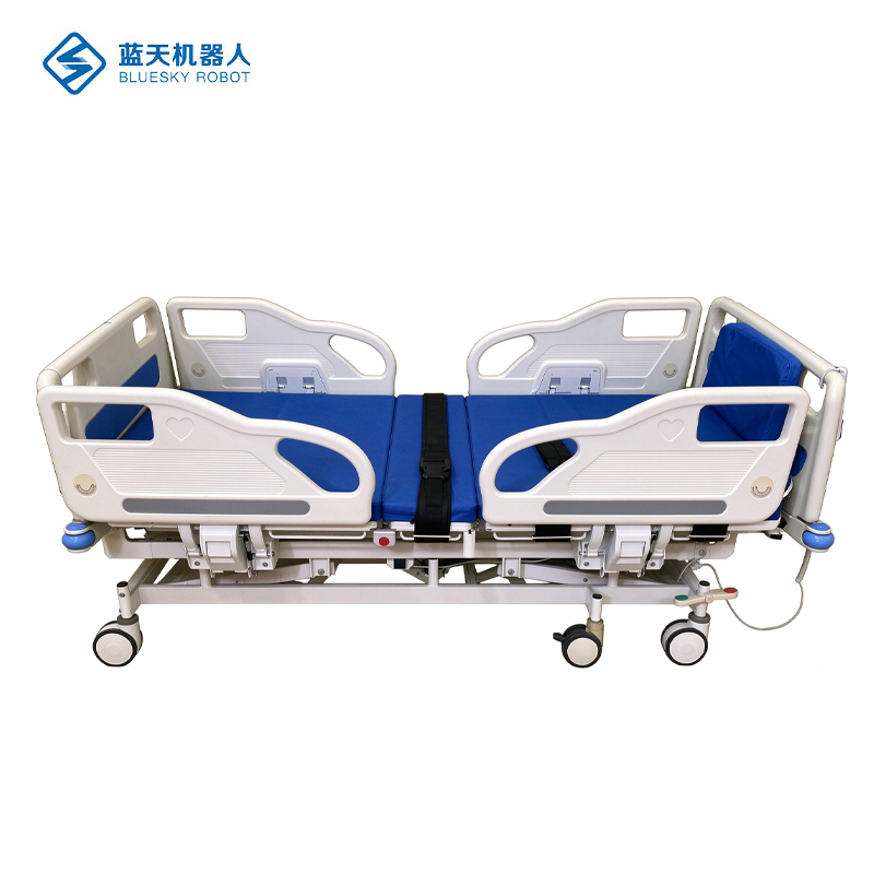 Electric standing medical bed with steel frame and waterproof mattress