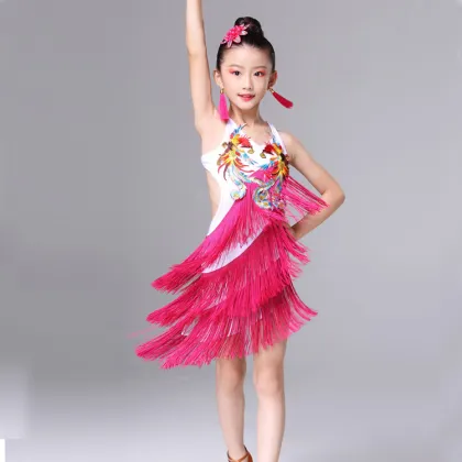 Phoenix pattern tassels competition professional Latin dance costumes girls