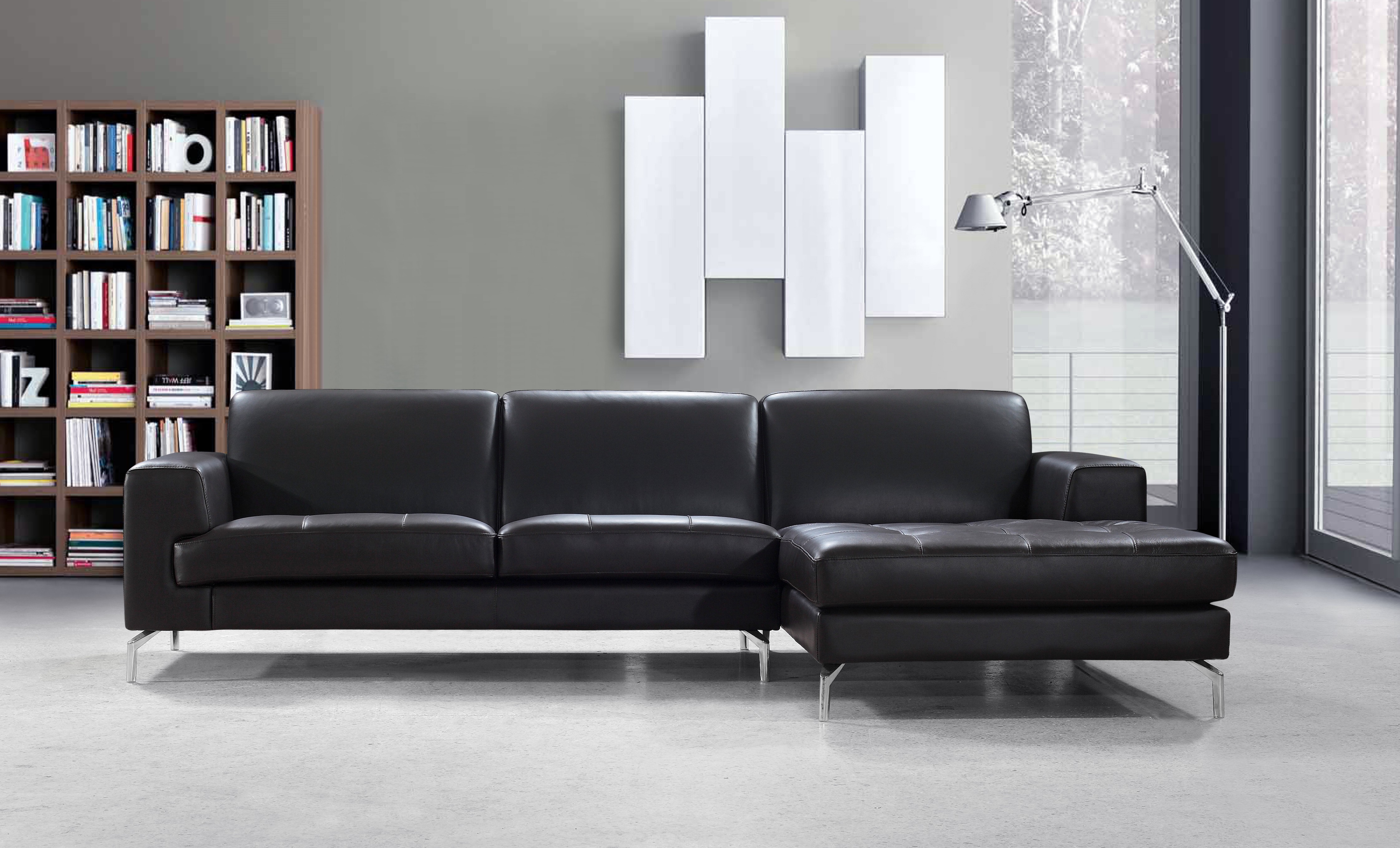 Sectional Sofa with Chrome Legs in Black Leather