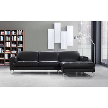 Sectional Sofa with Chrome Legs in Black Leather