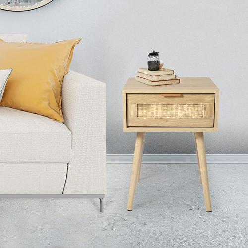 Modern Nightstand End Table with 2 Rattan Drawers,Side Table Wood Accent Table with Storage for Bedroom Living Room