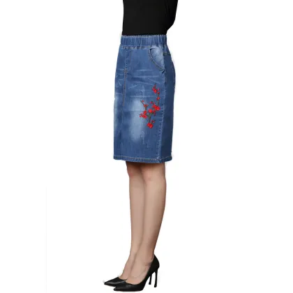 Rose Embroidery Slit Women Denim Jeans Skirt