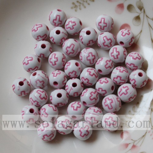 Round solid wash acrylic beads with cross pattern