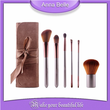 Hot Sales Brown Goat hair And Synthetic hair 6pcs Gray Handle Makeup Brush Set With Bowknot Bag