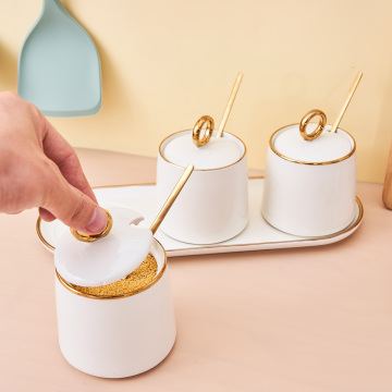 Ceramic Seasoning Jar Set with Gold Accents and Spoons